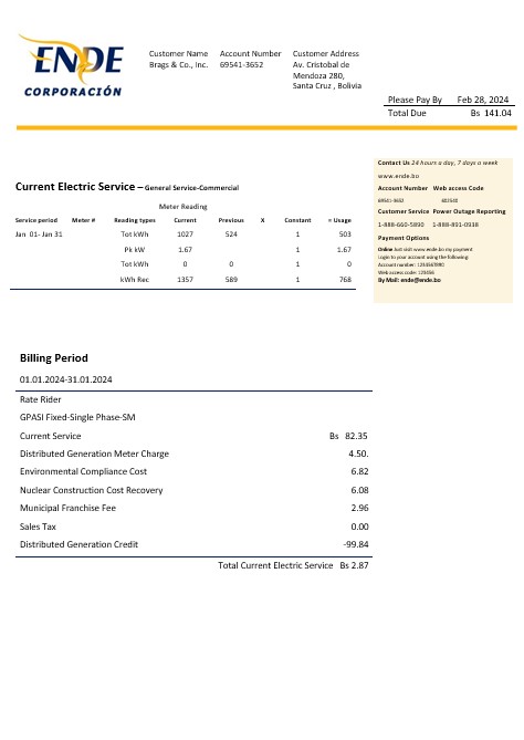 Bolivia ENDE Corporacion electricity business utility bill template in Word and PDF format